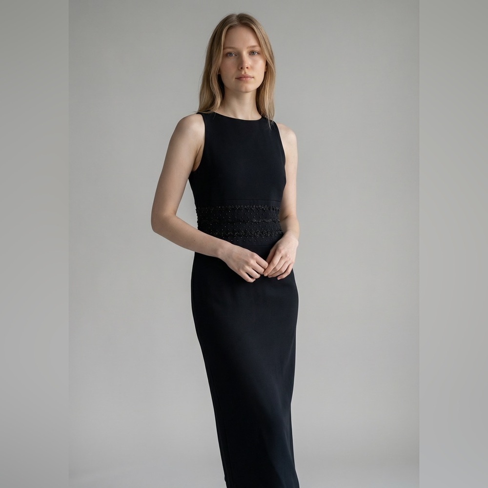 Black Beaded Maxi Dress Size S Sleeveless Sheath Evening Cocktail